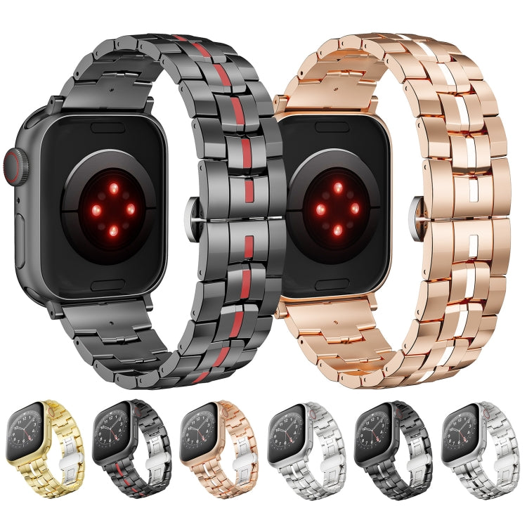 For Apple Watch 42mm Butterfly Buckle 5-Beads Metal Watch Band(Silver Black)