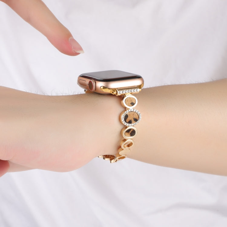 For Apple Watch Series 7 41mm Leopard Rhinestones Metal Chain Watch Band(Gold)