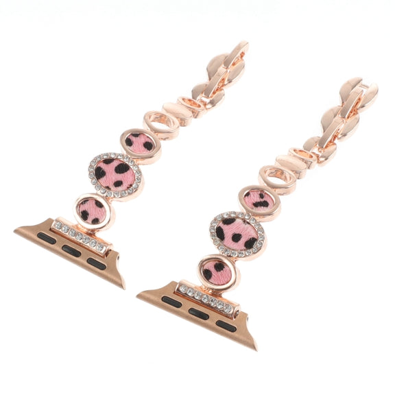 For Apple Watch 42mm Leopard Rhinestones Metal Chain Watch Band(Rose Gold)