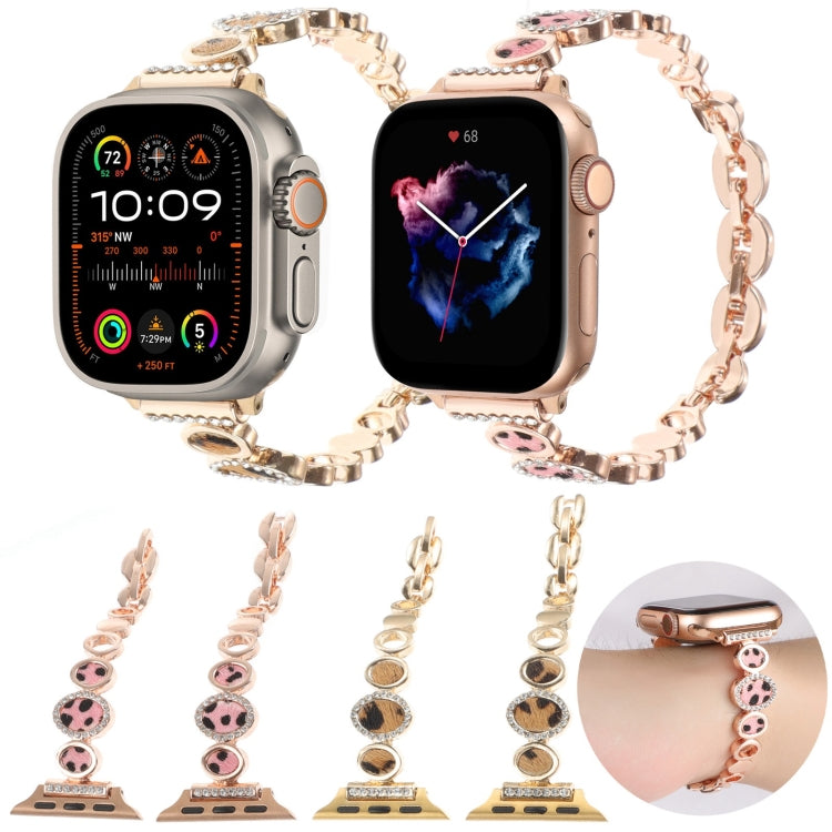 For Apple Watch Series 7 41mm Leopard Rhinestones Metal Chain Watch Band(Gold)