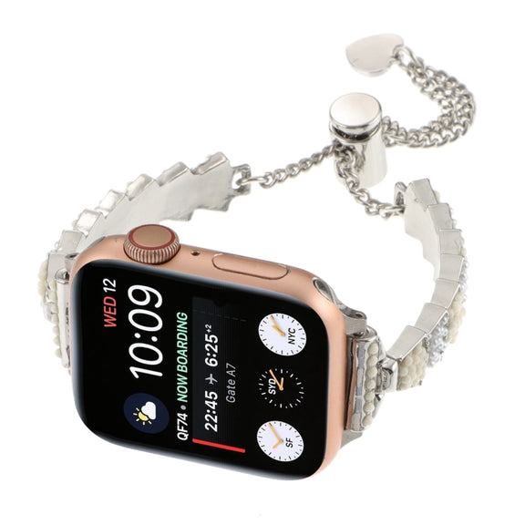 For Apple Watch Series 7 41mm Shell Beads Chain Bracelet Metal Watch Band(Beige White Silver)