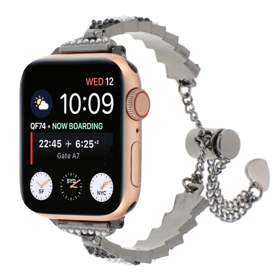 For Apple Watch SE 40mm Shell Beads Chain Bracelet Metal Watch Band(Black White)