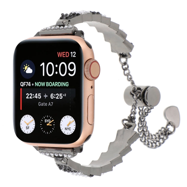 For Apple Watch SE 44mm Shell Beads Chain Bracelet Metal Watch Band(Black White)