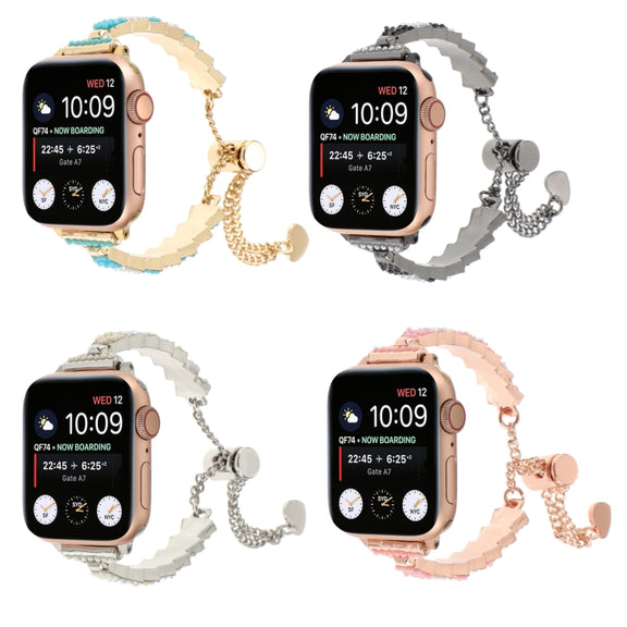For Apple Watch Series 7 41mm Shell Beads Chain Bracelet Metal Watch Band(Beige White Silver)