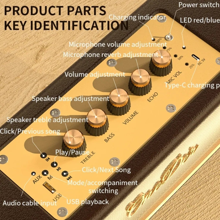 Oneder D8 Wireless Retro Dual Microphone Bluetooth Speaker(Brown)