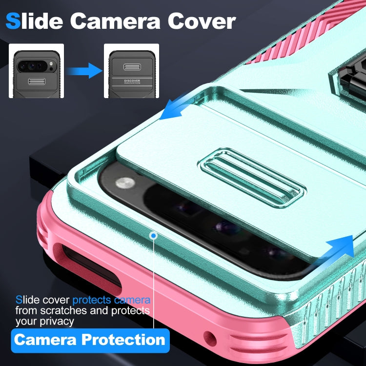 For Google Pixel 9 Pro XL Sliding Camshield Holder Phone Case(Grey Green + Pink)