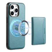 For iPhone 15 Pro Denior Cowhide Texture Leather MagSafe Detachable Wallet Phone Case(Blue)