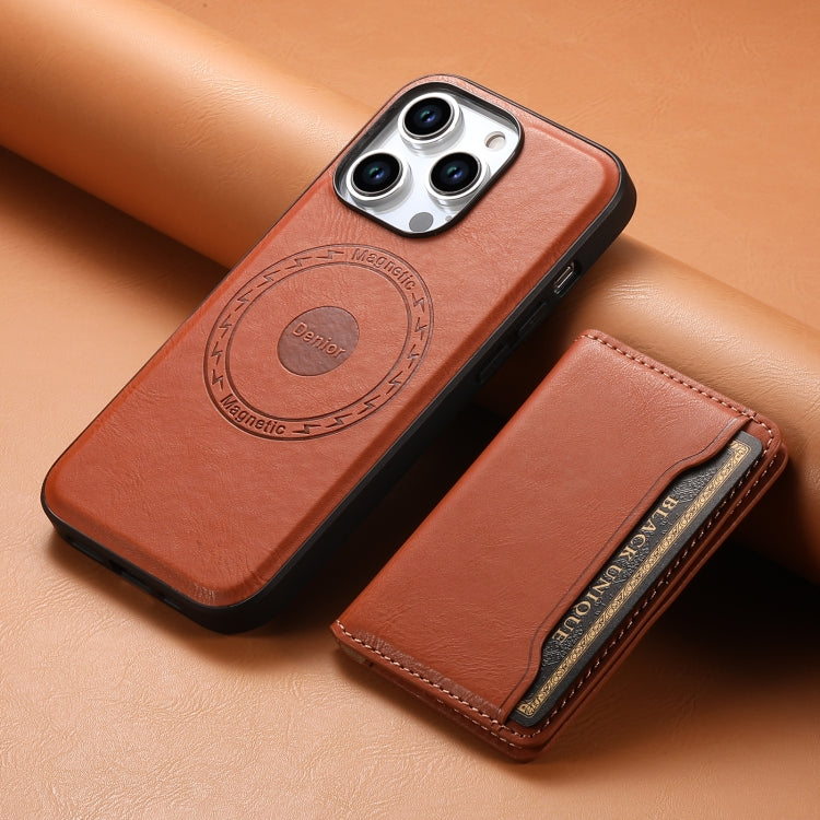 For iPhone 15 Pro Denior Cowhide Texture Leather MagSafe Detachable Wallet Phone Case(Brown)