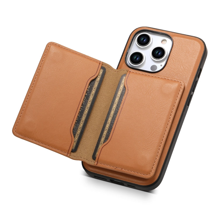 For iPhone 15 Plus Denior Cowhide Texture Leather MagSafe Detachable Wallet Phone Case(Khaki)