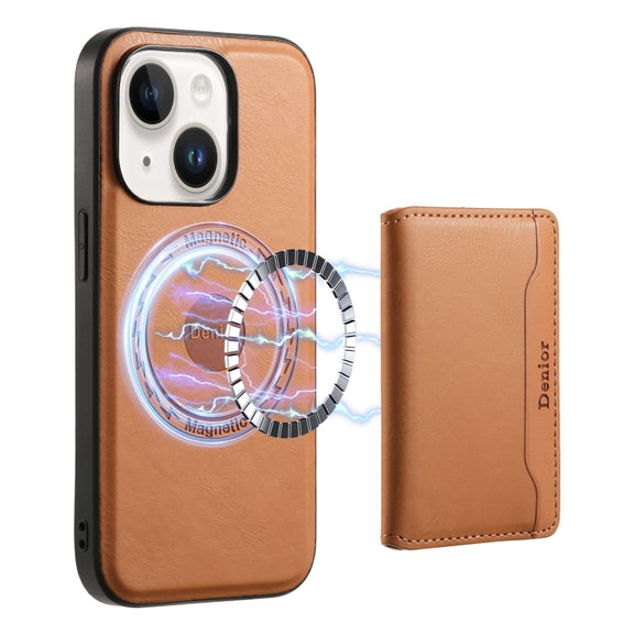 For iPhone 15 Denior Cowhide Texture Leather MagSafe Detachable Wallet Phone Case(Khaki)