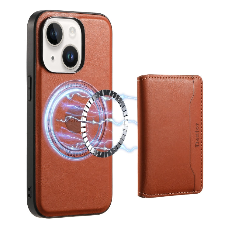 For iPhone 14 Plus Denior Cowhide Texture Leather MagSafe Detachable Wallet Phone Case(Brown)