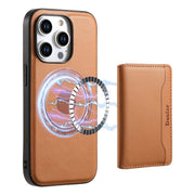 For iPhone 14 Pro Max Denior Cowhide Texture Leather MagSafe Detachable Wallet Phone Case(Khaki)