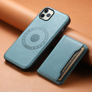 For iPhone 11 Pro Max Denior Cowhide Texture Leather MagSafe Detachable Wallet Phone Case(Blue)