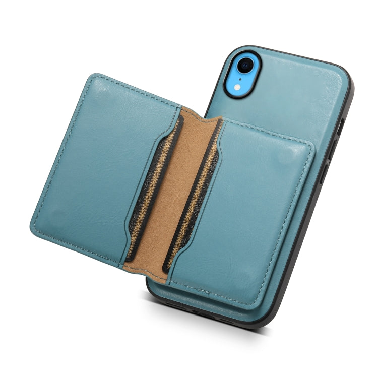 For iPhone XR Denior Cowhide Texture Leather MagSafe Detachable Wallet Phone Case(Blue)