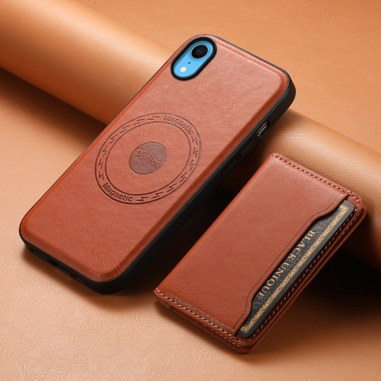 For iPhone XR Denior Cowhide Texture Leather MagSafe Detachable Wallet Phone Case(Brown)
