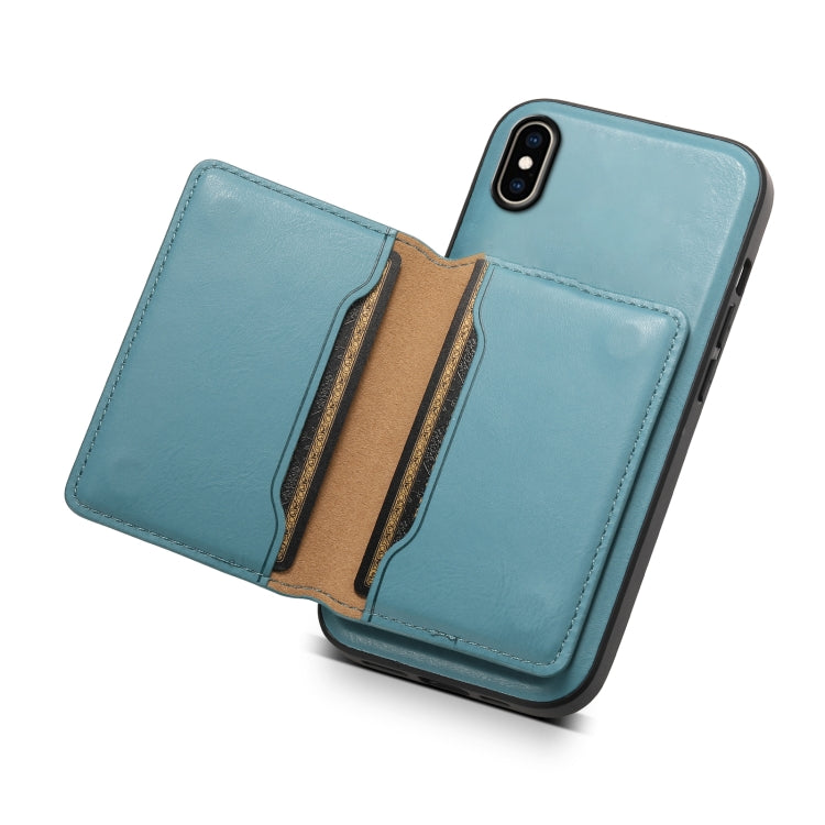 For iPhone XS Max Denior Cowhide Texture Leather MagSafe Detachable Wallet Phone Case(Blue)