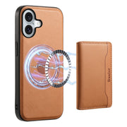 For iPhone 16 Plus Denior Cowhide Texture Leather MagSafe Detachable Wallet Phone Case(Khaki)