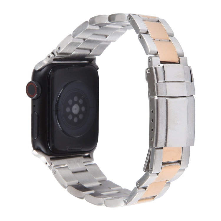 For Apple Watch Series 6 44mm Three-Bead Stainless Steel Watch Band(Silver Rose Gold)