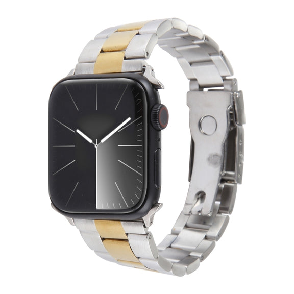 For Apple Watch Series 3 38mm Three-Bead Stainless Steel Watch Band(Silver Gold)
