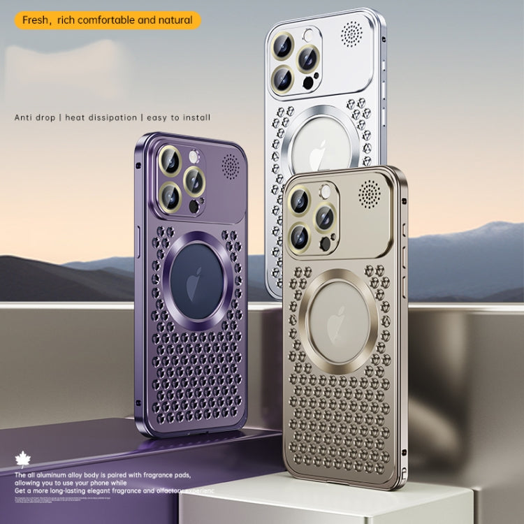 For iPhone 15 Plus Spring Buckle MagSafe Magnetic Metal Aromatherapy Phone Case(Silver)