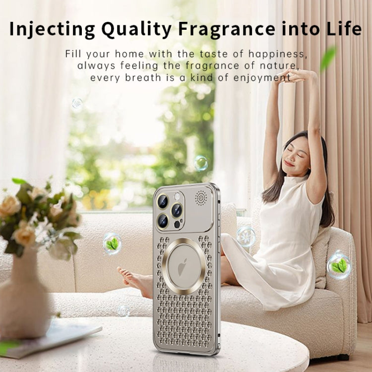 For iPhone 15 Plus Spring Buckle MagSafe Magnetic Metal Aromatherapy Phone Case(Silver)