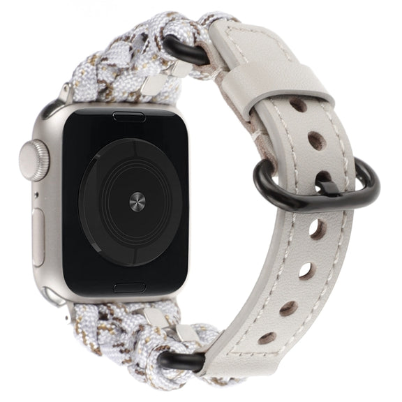 For Apple Watch SE 2023 44mm Paracord Genuine Leather Watch Band(White Khaki)