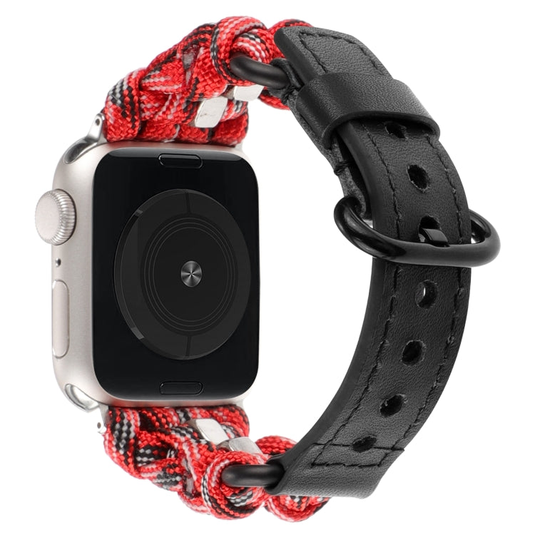 For Apple Watch Ultra 2 49mm Paracord Genuine Leather Watch Band(Black Red Camo)