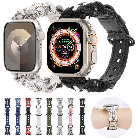 For Apple Watch Ultra 49mm Paracord Genuine Leather Watch Band(White Khaki)