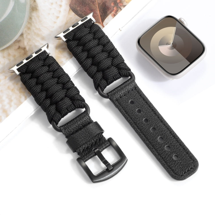 For Apple Watch Ultra 2 49mm Plain Paracord Genuine Leather Watch Band(Black)
