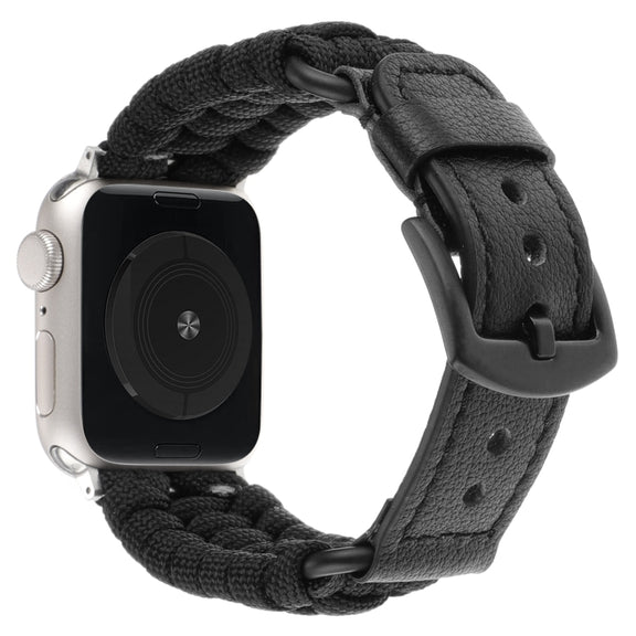 For Apple Watch Ultra 2 49mm Plain Paracord Genuine Leather Watch Band(Black)