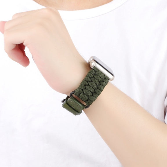 For Apple Watch Ultra 2 49mm Plain Paracord Genuine Leather Watch Band(Army Green)
