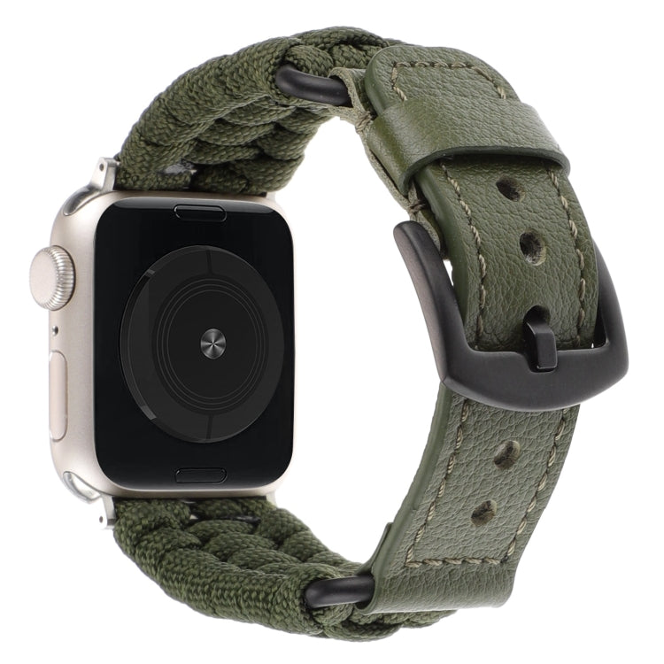 For Apple Watch Ultra 2 49mm Plain Paracord Genuine Leather Watch Band(Army Green)
