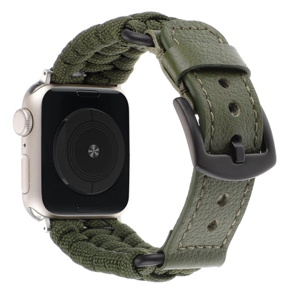 For Apple Watch Ultra 2 49mm Plain Paracord Genuine Leather Watch Band(Army Green)