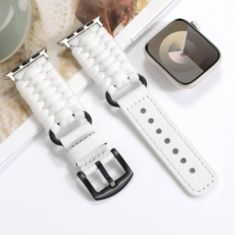 For Apple Watch Ultra 49mm Plain Paracord Genuine Leather Watch Band(White)