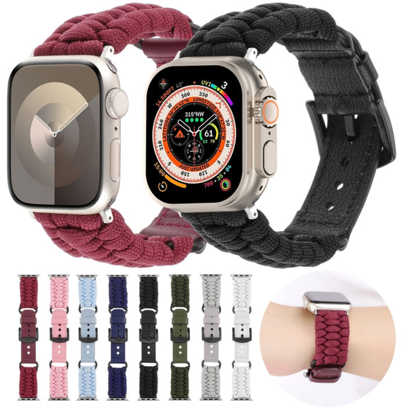 For Apple Watch Ultra 2 49mm Plain Paracord Genuine Leather Watch Band(Black)