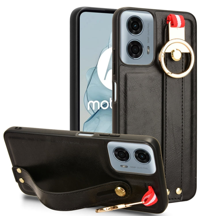 For Motorola Moto G Play 5G 2024 Wristband Leather Back Phone Case(Black)