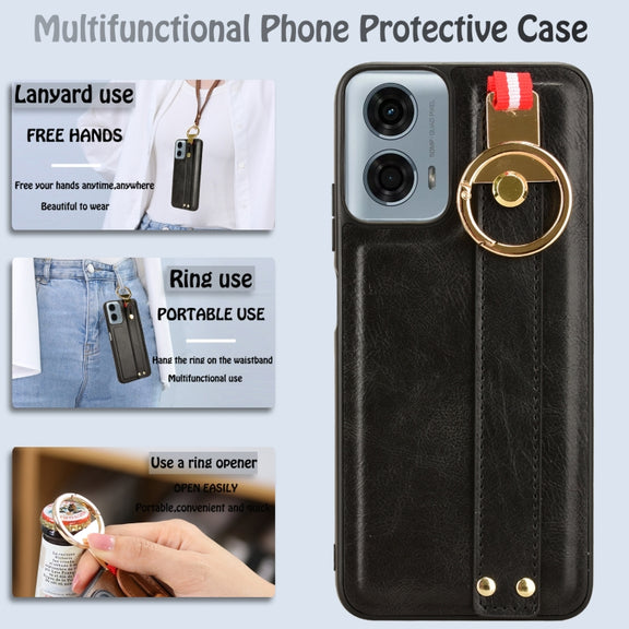 For Motorola Moto G Play 5G 2024 Wristband Leather Back Phone Case(Black)