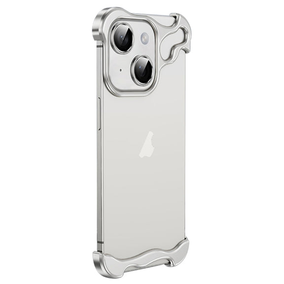 For iPhone 15 Plus Frameless Metal Corner Pad Phone Case with Lens Film(White)