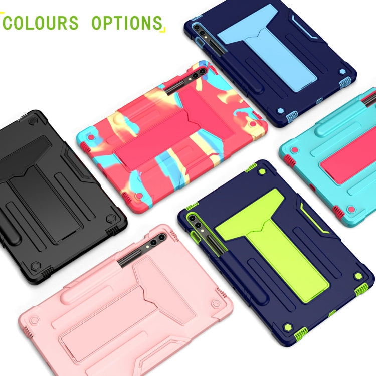 For Samsung Galaxy Tab S9 FE+ / S9+ T Holder Robot Silicone Hybrid PC Tablet Case(Camouflage Rose Red)