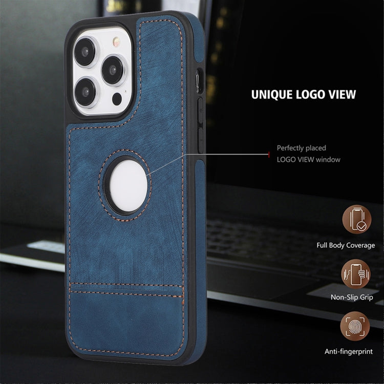 For iPhone 14 Pro Max Splicing Sewing Hollow Cutout PU Phone Case(Blue)
