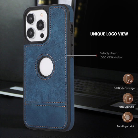 For iPhone 14 Pro Max Splicing Sewing Hollow Cutout PU Phone Case(Blue)