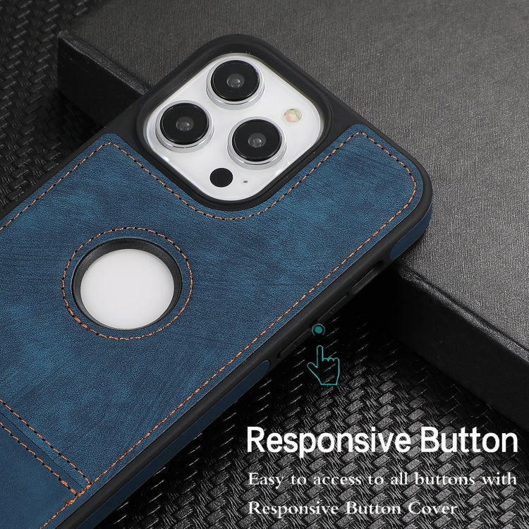 For iPhone 14 Pro Max Splicing Sewing Hollow Cutout PU Phone Case(Blue)