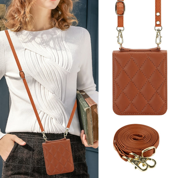 For Motorola Razr 40 Ultra Rhombic Texture Phone Case with Long & Short Lanyard(Brown)