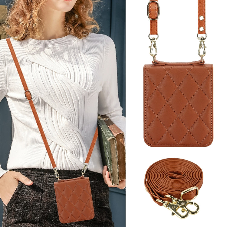 For Motorola Razr 40 Ultra Rhombic Texture Phone Case with Long & Short Lanyard(Brown)