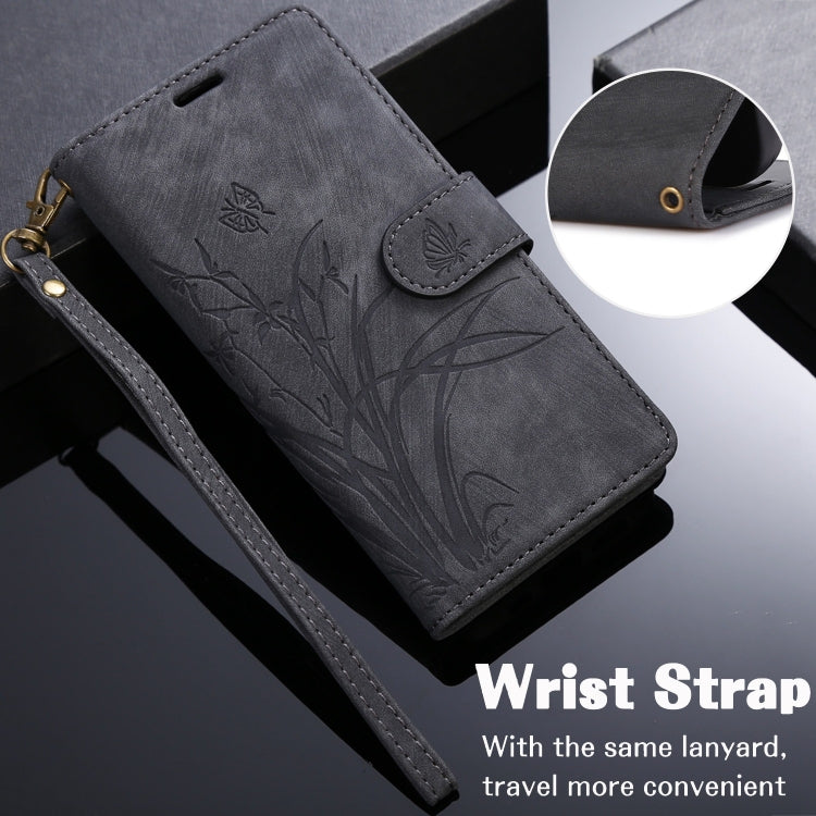 For iPhone 16 Pro Max Orchid Butterfly Embossed Leather Phone Case(Black)