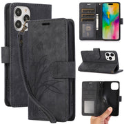 For iPhone 16 Pro Max Orchid Butterfly Embossed Leather Phone Case(Black)