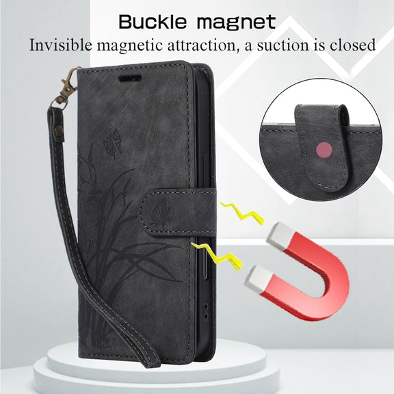 For iPhone 16 Pro Max Orchid Butterfly Embossed Leather Phone Case(Black)