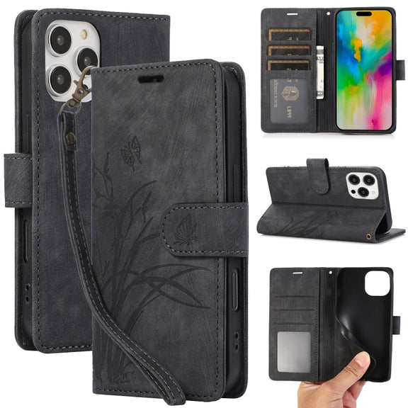 For iPhone 16 Pro Max Orchid Butterfly Embossed Leather Phone Case(Black)