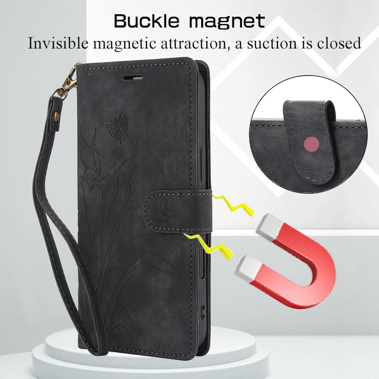 For iPhone 16 Orchid Butterfly Embossed Leather Phone Case(Black)