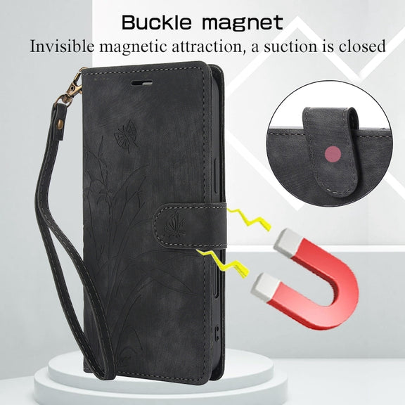 For iPhone 16 Plus Orchid Butterfly Embossed Leather Phone Case(Black)